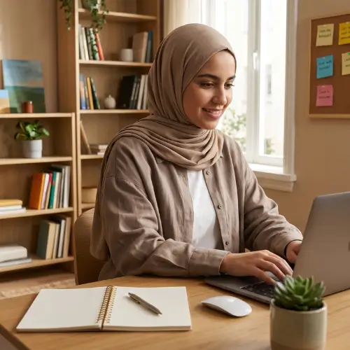 شابة مغربية تدير عملًا حرًا من غرفتها باستخدام الحاسوب، تعبّر عن استقلالية الشباب في عصر الذكاء الاصطناعي.
