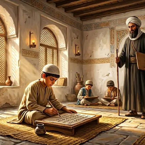 طفل يجلس في كتّاب أندلسي قديم يتعلم القراءة والقرآن، في مشهد يجسد التعليم الأولي في الحضارة الأندلسية.


