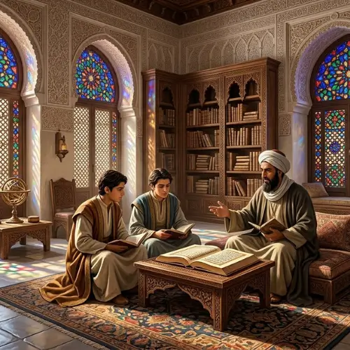 حلقة علم في مسجد أندلسي يشرح فيها عالم لشباب، تجسد التقاء العلم والدين في التعليم الأندلسي.

