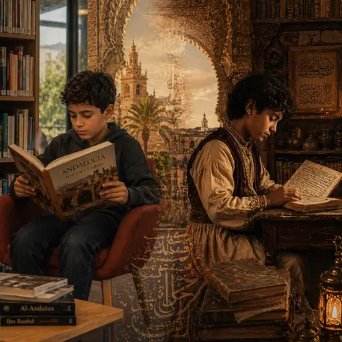 صورة تجمع بين طفل معاصر يقرأ عن الأندلس وطفل أندلسي في مكتبة قديمة، ترمز لجسر تربوي بين الماضي والحاضر.

