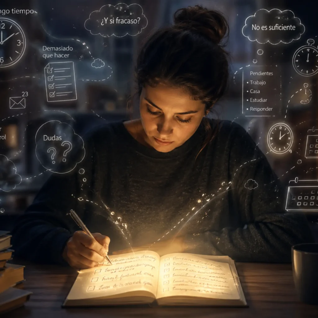 صورة تعبّر عن تحويل ضجيج الأفكار المشتتة في العقل إلى نظام وترتيب من خلال ممارسة التدوين.