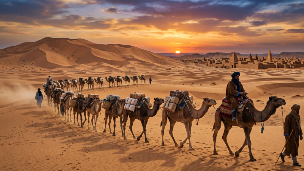 قافلة تجارية تعبر الصحراء عند الغروب، ترمز لسيطرة المغرب في عهد المنصور الذهبي على طرق تجارة الذهب والملح.

