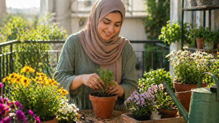 شاب يزرع نبتة بتركيز وسعادة، تجسيداً لقوة الأنشطة اليدوية في تحسين المزاج بعيداً عن الشاشات.