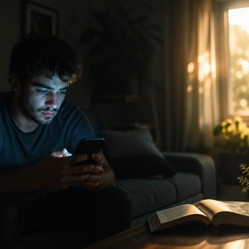 مشهد يبرز التباين بين إرهاق التشتت الرقمي ودفء اللحظات الحقيقية والهدوء.