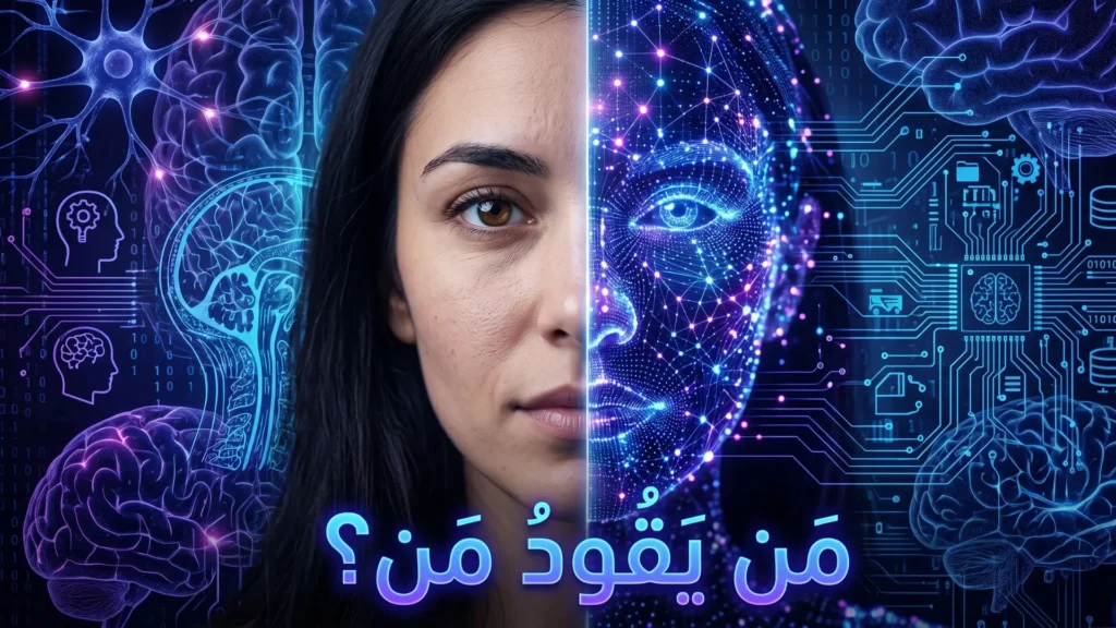 تصميم يدمج وجه إنسان بوجه رقمي، يعكس التوتر بين الإبداع البشري وصعود الذكاء الاصطناعي.
