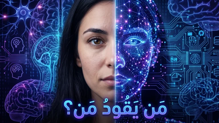 تصميم يدمج وجه إنسان بوجه رقمي، يعكس التوتر بين الإبداع البشري وصعود الذكاء الاصطناعي.