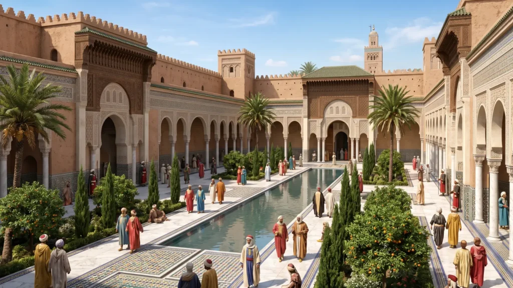 مشهد لقصر البديع في مراكش زمن المنصور الذهبي، يبرز روعة العمارة السعدية ورمزيتها الحضارية.


