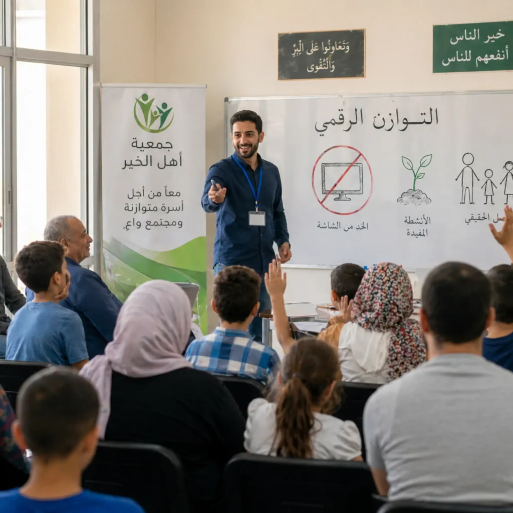 جلسة توعوية بجمعية أهل الخير حول التربية الرقمية وأهمية التوازن في استعمال الشاشات للأسرة.