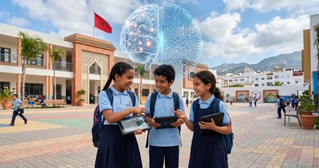 أطفال مغاربة في ساحة المدرسة يستخدمون الأجهزة اللوحية، مع تجسيد بصري لتكامل الدماغ البشري مع الذكاء الاصطناعي في مشهد واقعي ملهم.

