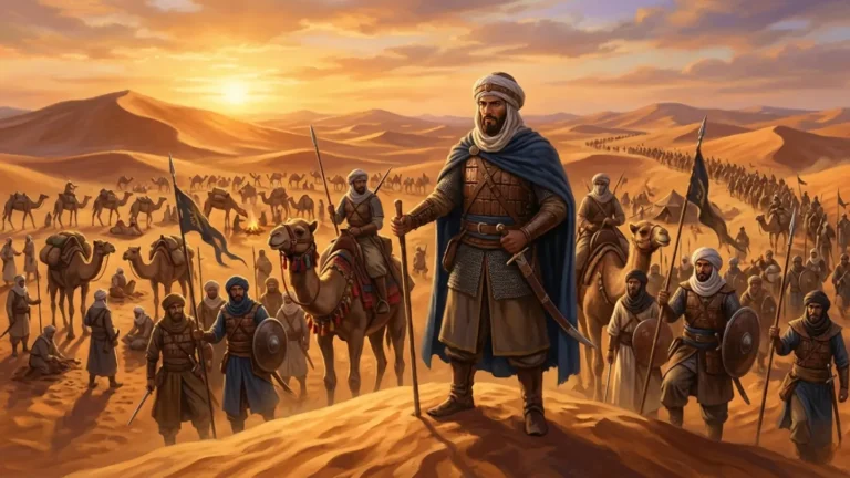 "رسم تخيلي ليوسف بن تاشفين شابًا في صحراء صنهاجة، بلباس صحراوي بسيط ومن حوله فرسان المرابطين، في مشهد يجسد بدايات قائد خرج من عمق الصحراء ليوحّد المغرب."