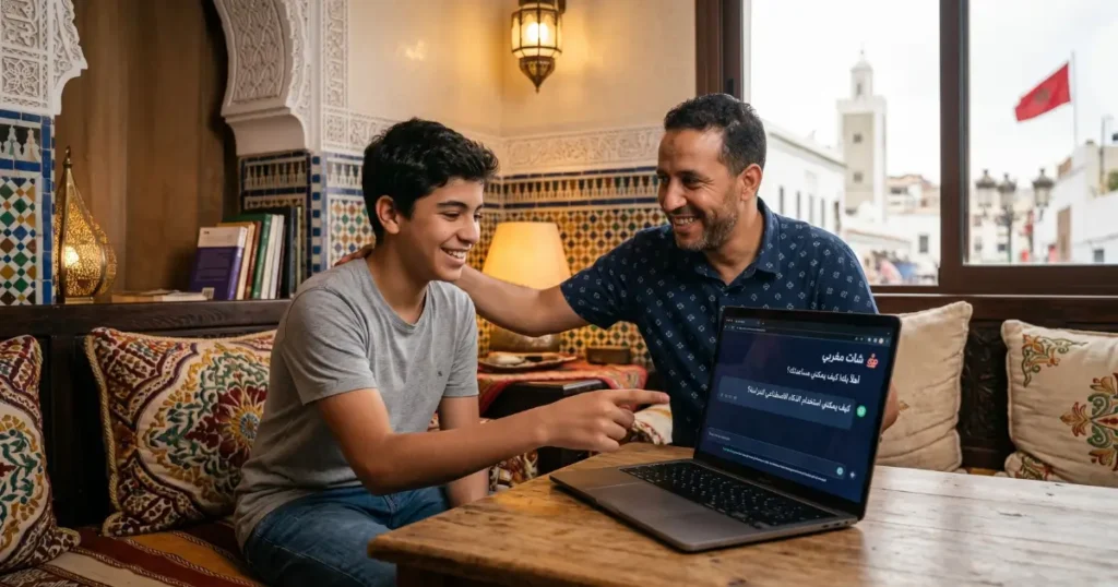 أب مغربي يجلس مع ابنه المراهق أمام الحاسوب، يعلّمه كيف يستخدم الذكاء الاصطناعي بوعي في جو أسري دافئ.

