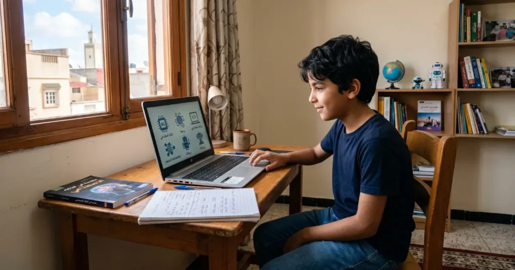 طفل مغربي يدرس بتركيز أمام حاسوب محمول، يستكشف أدوات الذكاء الاصطناعي في بيئة منزلية واقعية وهادئة.

