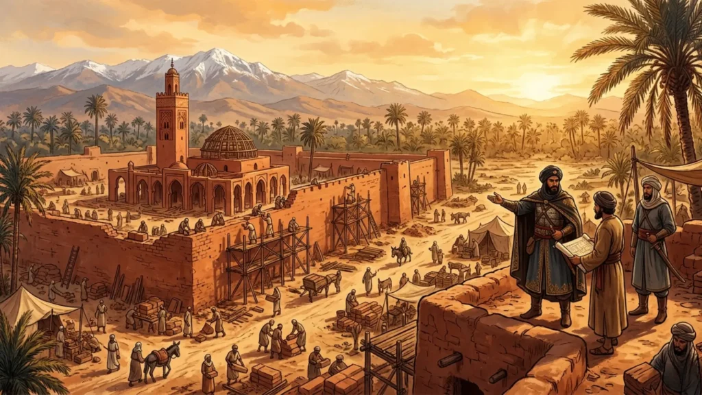 "صورة فنية لمدينة مراكش في سنوات تأسيسها الأولى، يظهر فيها يوسف بن تاشفين وهو يشرف على بناء الأسوار والمسجد، لتجسيد دوره في إنشاء عاصمة المرابطين."


