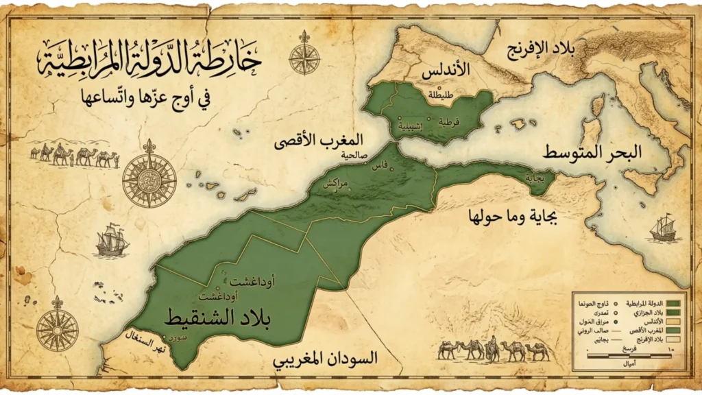 "خريطة قديمة تُظهر الامتداد الواسع لدولة المرابطين من بلاد السودان إلى الأندلس وبجاية، لتقريب صورة الوحدة التي حققها يوسف بن تاشفين في الغرب الإسلامي."

