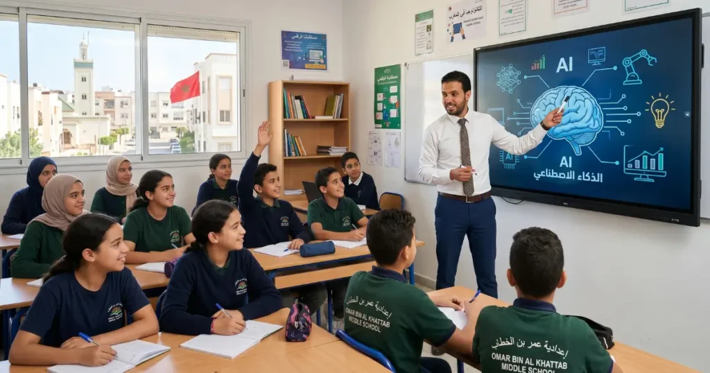 معلم مغربي يشرح مبادئ الذكاء الاصطناعي لتلاميذ في فصل دراسي حديث، في مشهد واقعي يبرز فضول الطلاب.

