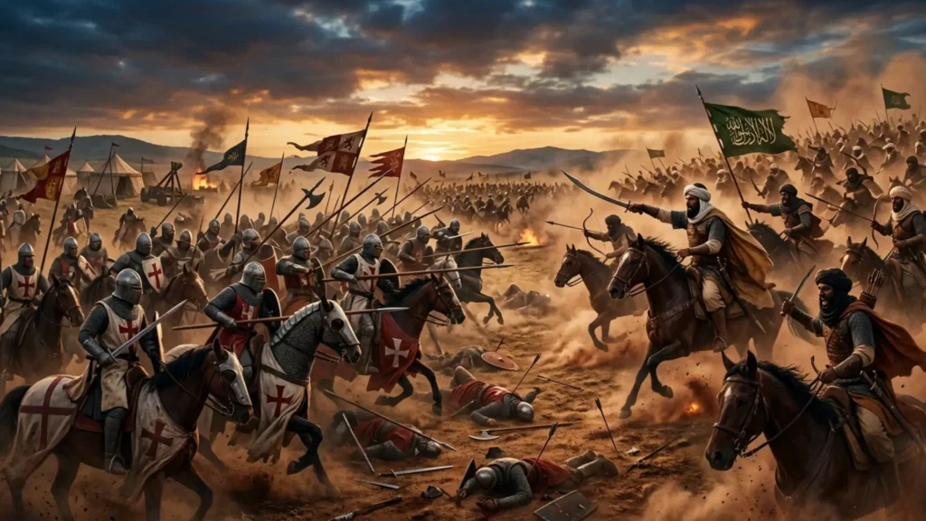 "لوحة ملحمية لمعركة الزلاقة تُظهر فرسان المرابطين بقيادة يوسف بن تاشفين يلتفون على جيش ألفونسو السادس، في معركة حاسمة أنقذت الأندلس وأوقفت زحف الاسترداد."


