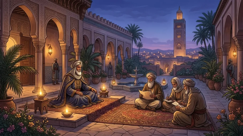 "مشهد هادئ ليوسف بن تاشفين في أواخر عمره داخل ساحة قصر بمراكش، يجلس بوقار بين العلماء، في صورة تعكس تواضع أمير المسلمين وحكمته في قيادة الدولة المرابطية."

