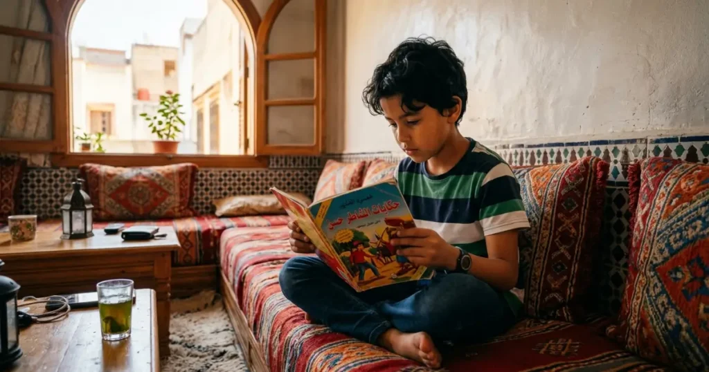 طفل مغربي يقرأ كتابًا ورقيًا بتركيز في صالون منزلي هادئ، يجسد قيمة العودة إلى القراءة التقليدية.

