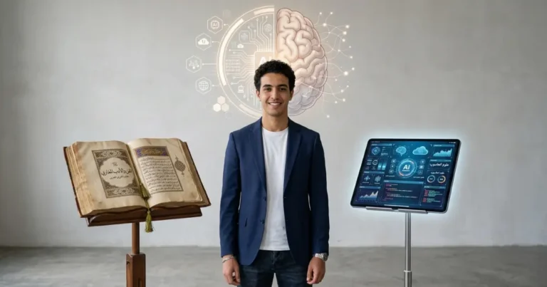 شاب مغربي بين كتاب ورقي وشاشة رقمية مع رسم لدماغ وتكنولوجيا، يرمز لاختيار متوازن بين الورق والشاشة في عصر التكنولوجيا.