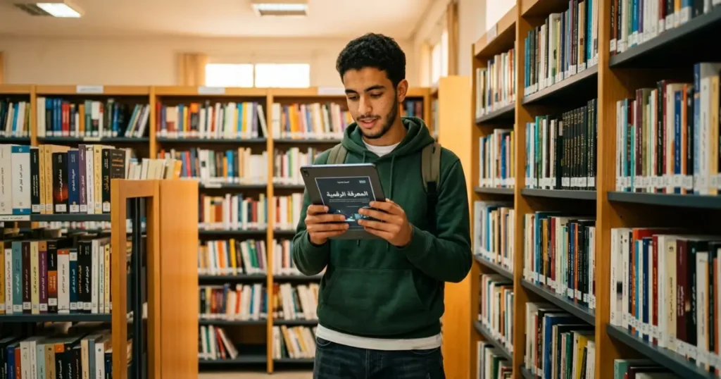 شاب مغربي يقرأ من تابلت وسط مكتبة مليئة بالكتب الورقية، في توازن بين القراءة الرقمية والتقليدية.
