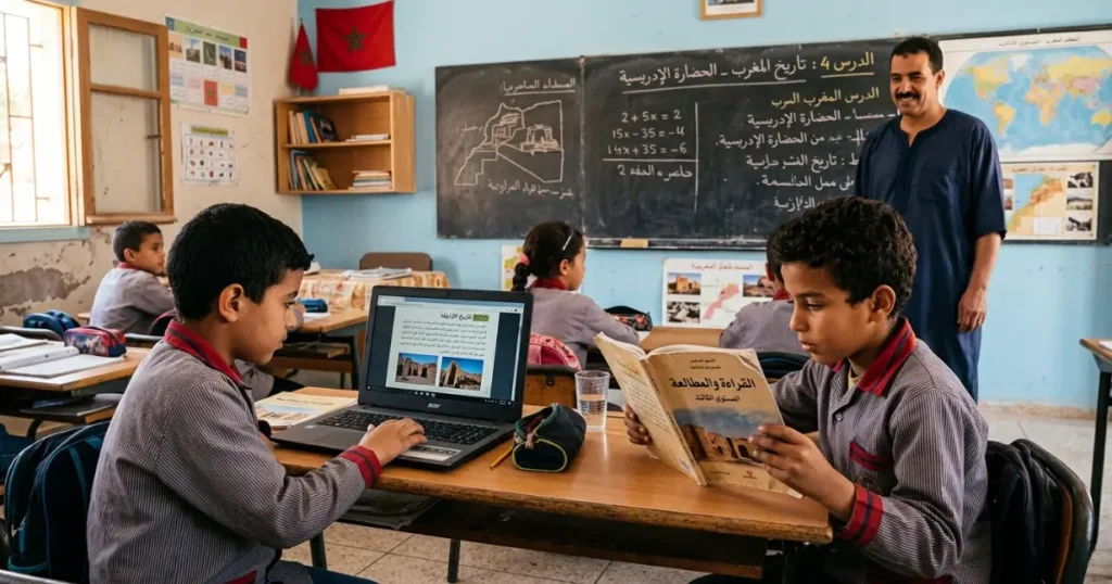 تلميذ يقرأ من كتاب وآخر من حاسوب في قسم دراسي مغربي، يوضح تكامل التعليم الورقي والرقمي.

