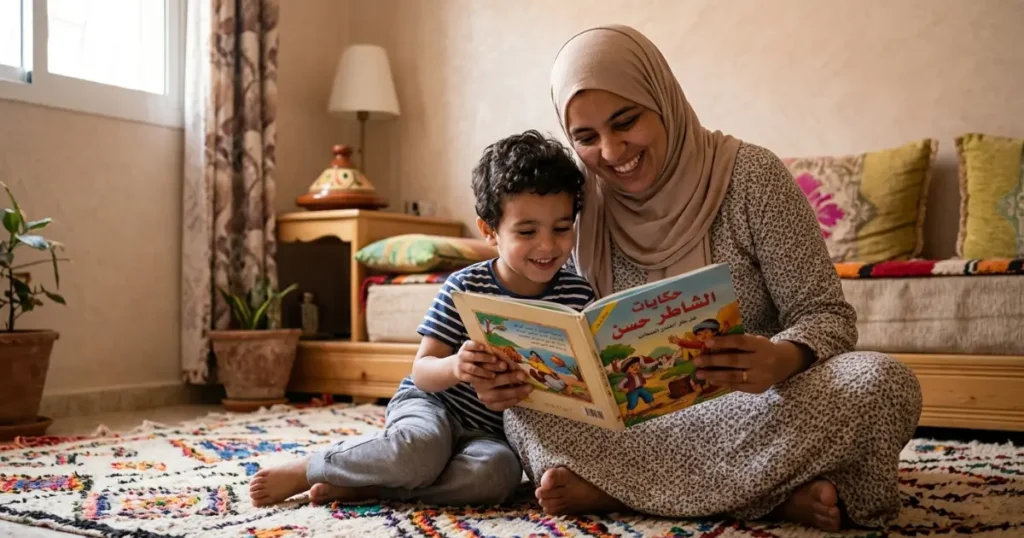 أم مغربية تقرأ قصة ورقية مع طفلها في جو عائلي دافئ، تعبر عن دور الأسرة في غرس حب القراءة.

