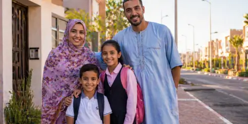 أسرة من الأقاليم الجنوبية تقف أمام منزل حديث في حي منظم، تعبّر عن أثر التنمية في الصحراء المغربية على تحسين حياة الساكنة المحلية.