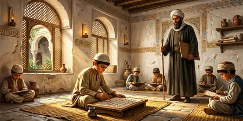 طفل يجلس في كتّاب أندلسي قديم يتعلم القراءة والقرآن، في مشهد يجسد التعليم الأولي في الحضارة الأندلسية.