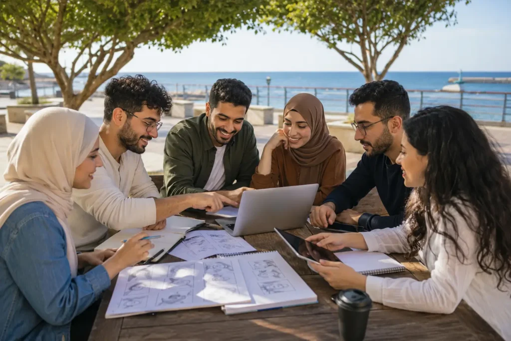 مجموعة أصدقاء يعملون معًا على مشروع إبداعي في الهواء الطلق، تجسد قوة الصداقة الجماعية في بناء الأفكار والمستقبل.

