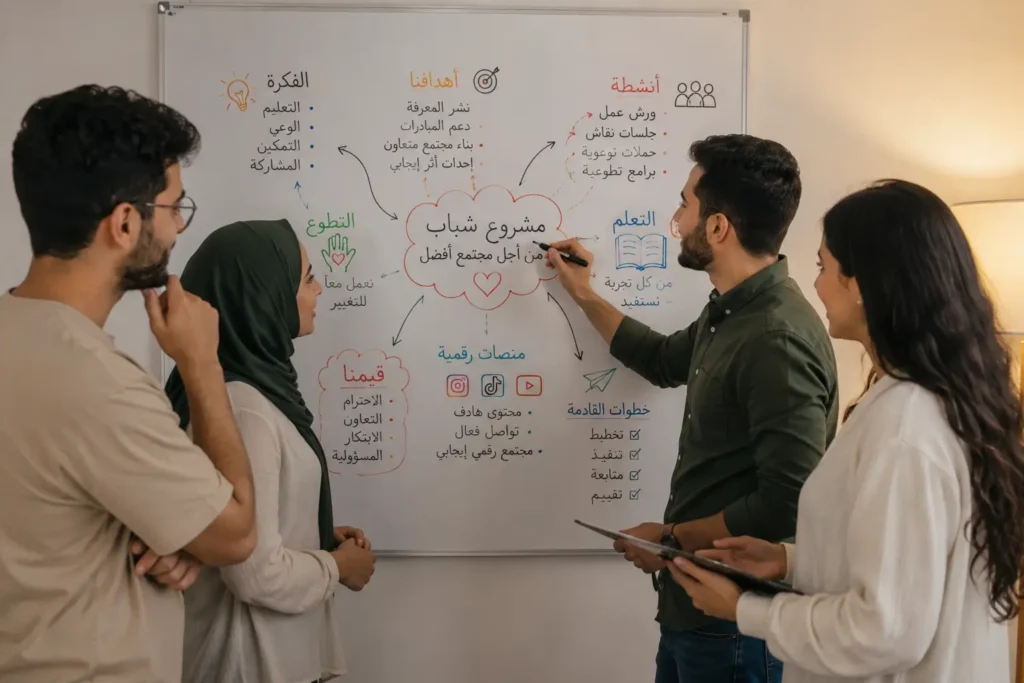 أصدقاء يقفون أمام سبورة مليئة بالأفكار والرسومات، يعبرون عن جلسة عصف ذهني لبناء مشروع جماعي يخدم المجتمع.

