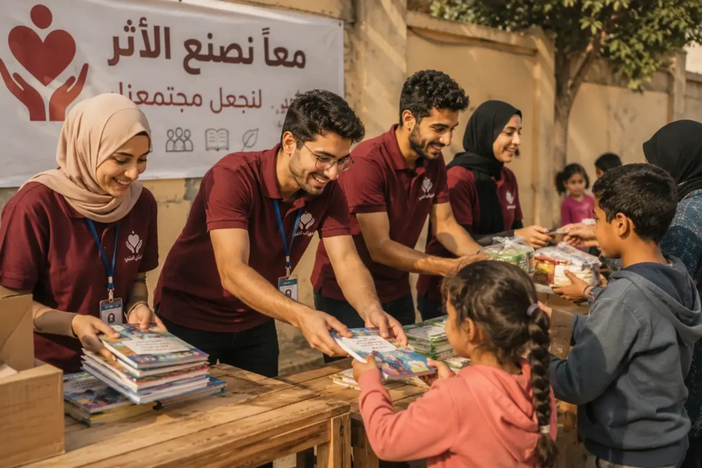 مجموعة أصدقاء يشاركون في عمل تطوعي ميداني، تعكس انتقال الصداقة من دائرة الترفيه إلى خدمة المجتمع وصناعة الأثر الإيجابي.


