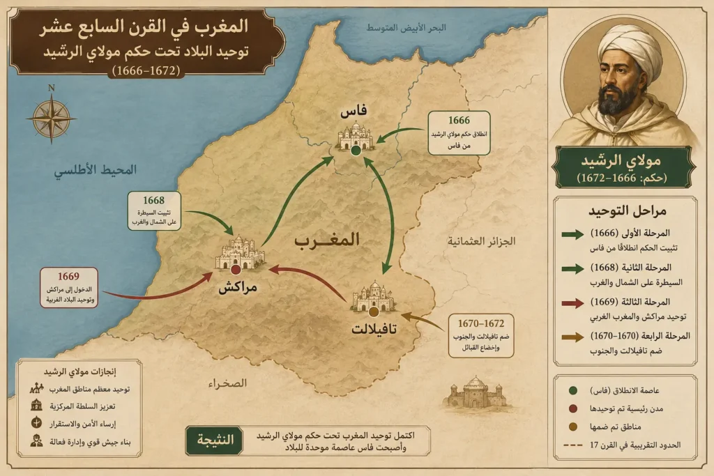إنفوغراف يوضح مسار توحيد المغرب في عهد مولاي الرشيد من تافيلالت إلى فاس ومراكش.