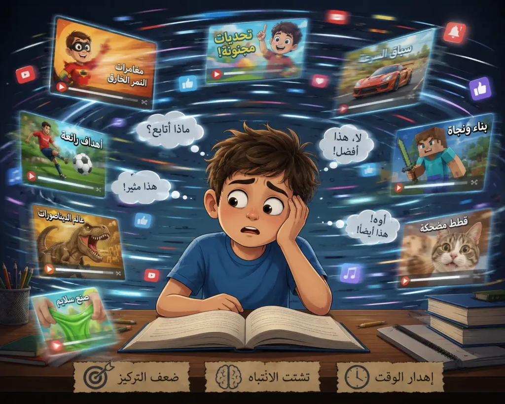 صورة توضح كيف تؤثر الفيديوهات القصيرة على انتباه الأطفال وقدرتهم على التركيز.