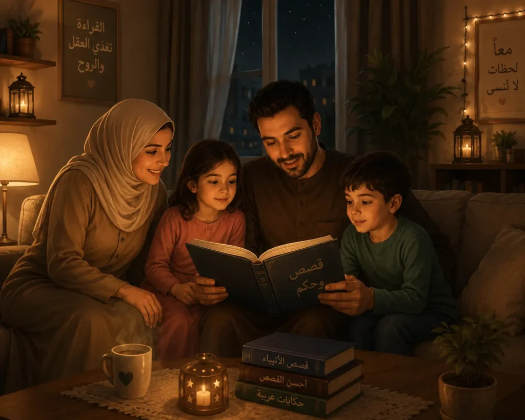 صورة تعبر عن القراءة الأسرية كوسيلة عملية لتحبيب الأطفال في الكتاب.