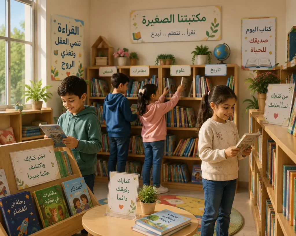صورة توضح دور الجمعيات والمدارس في تشجيع القراءة لدى الأطفال.