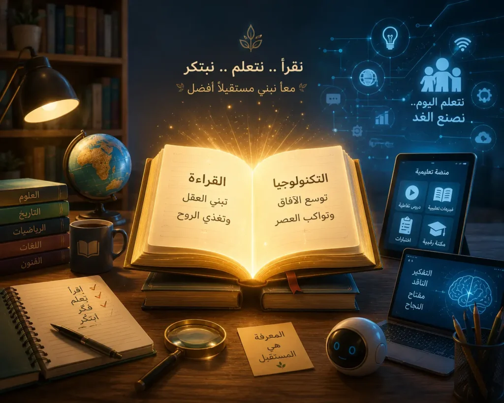 صورة ختامية ترمز إلى التوازن بين الكتاب والتكنولوجيا في حياة الطفل.