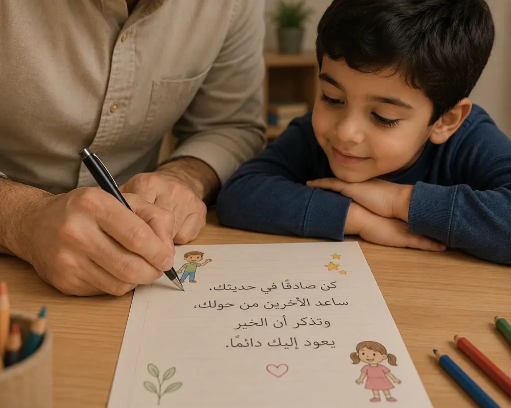 صورة تعبر عن كتابة قصة قصيرة تربوية بمشاركة الطفل.
