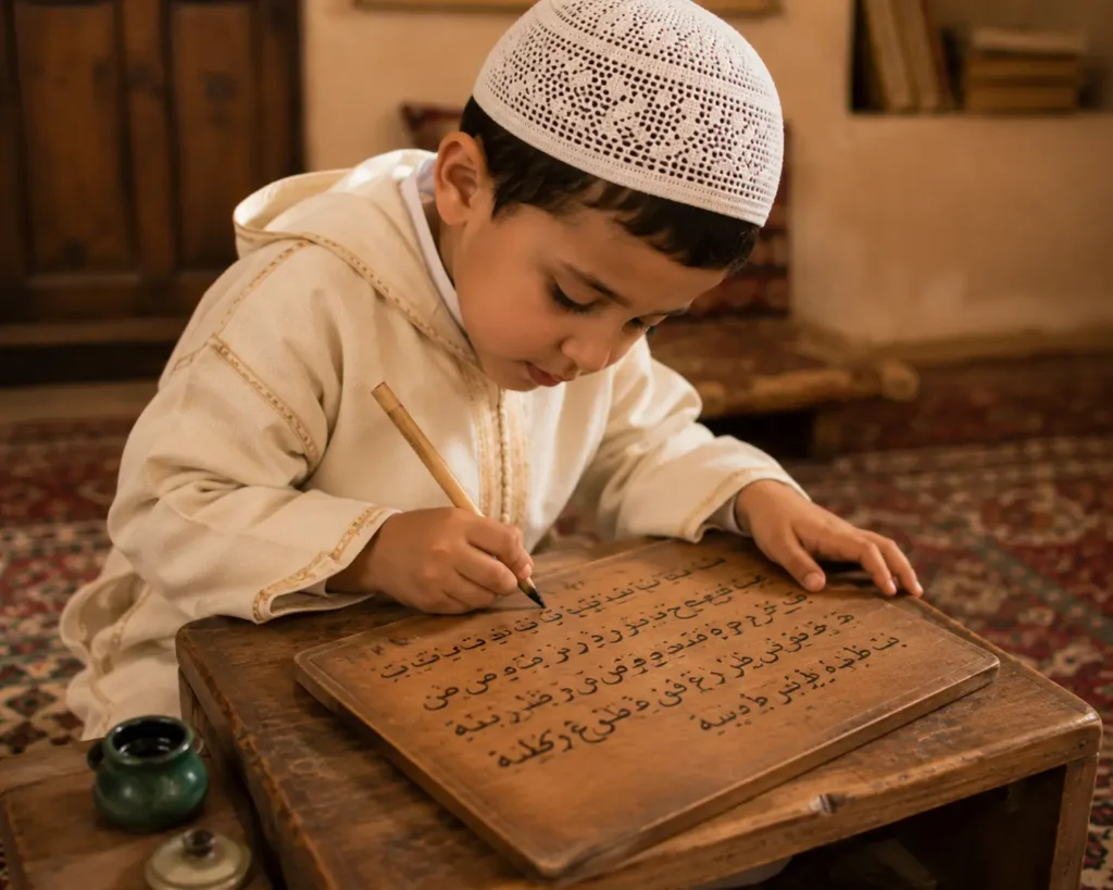 صورة توضح دور الكتاتيب في تعليم اللغة العربية والكتابة للأطفال.