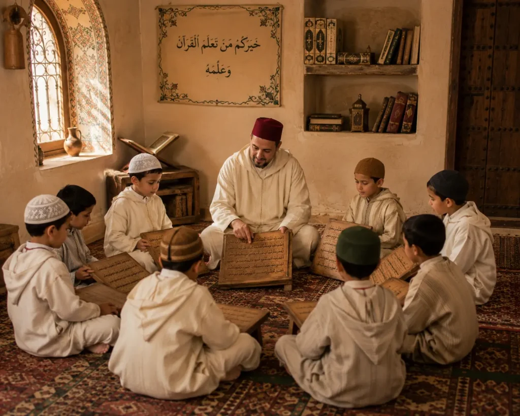 مشهد من الكتاتيب المغربية يوضح طريقة تعليم القرآن الكريم للأطفال.