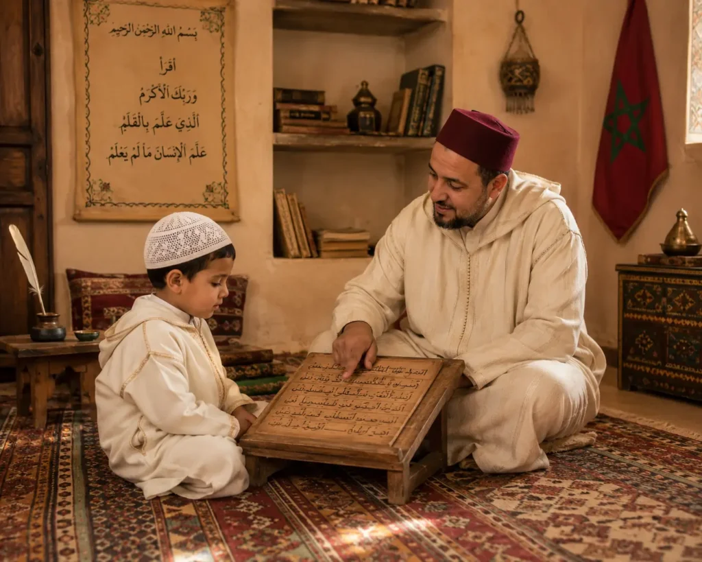  صورة تعبيرية عن بداية الطفل المغربي مع الكتاتيب القرآنية.
