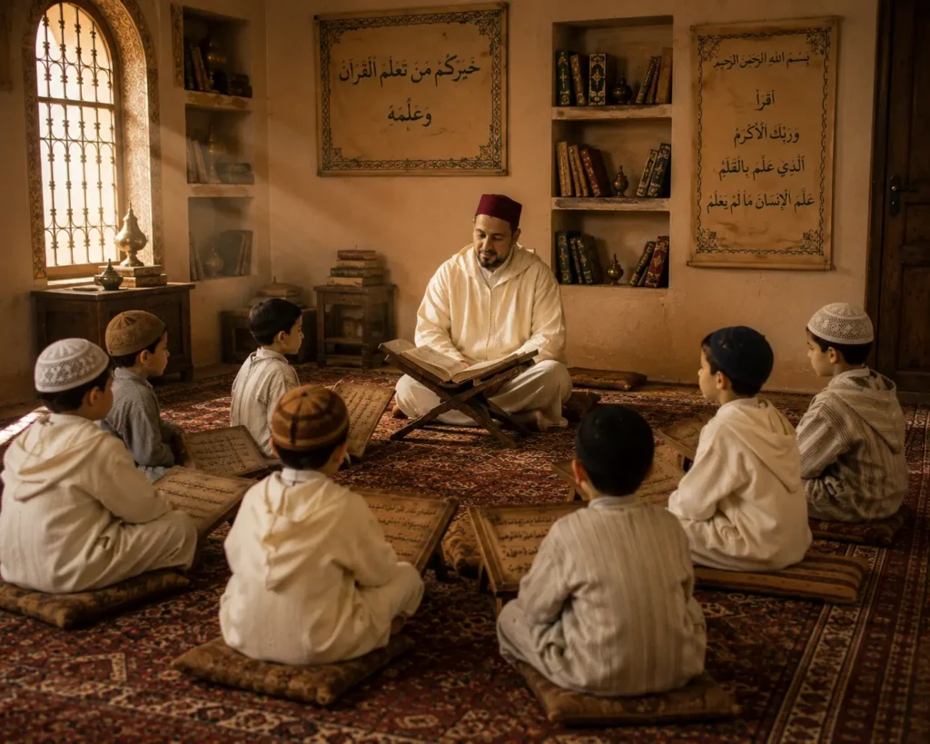 صورة تعبر عن القيم والانضباط داخل الكتاتيب المغربية.