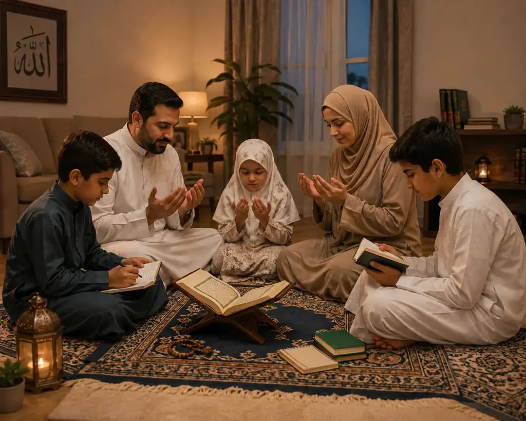 صورة ترمز لبرنامج أسري إيماني في يوم عرفة يجمع الدعاء والقرآن.

