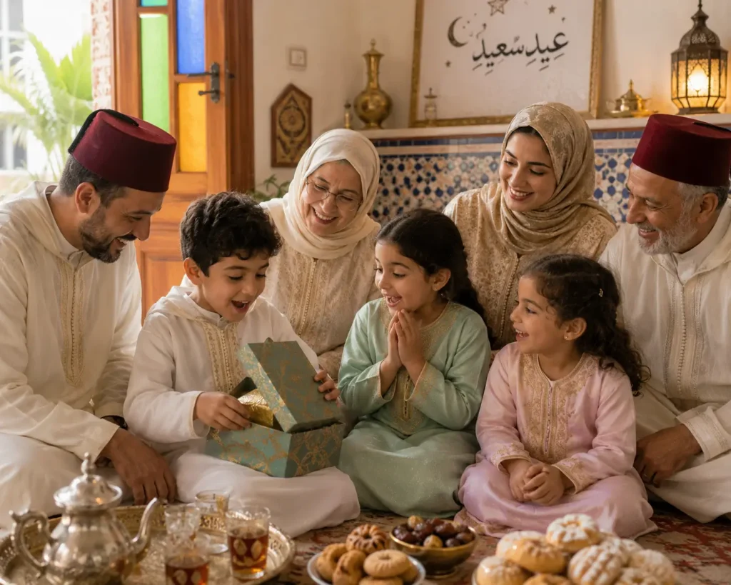 صورة تعبر عن فرح أسرة مسلمة بأجواء عيد الأضحى داخل البيت.

