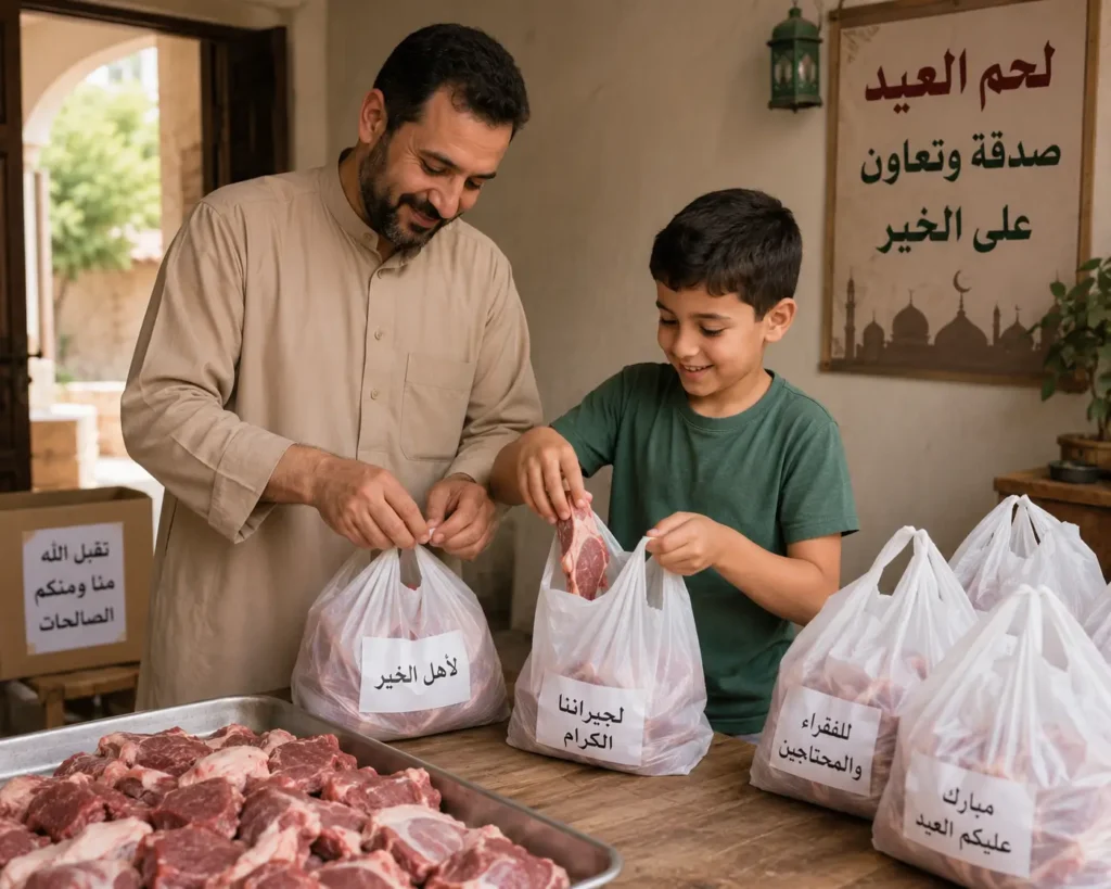 صورة تبرز دور الطفل في توزيع لحم الأضحية وغرس قيمة العطاء.