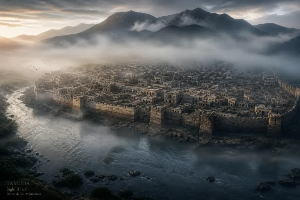 صورة تخيلية لمدينة تمودا الأمازيغية وهي محاطة بضباب كثيف نازل من جبال الريف، ونهر عريض يحرس أسوارها كحاجز سحري يحبط غزوات الأعداء.

