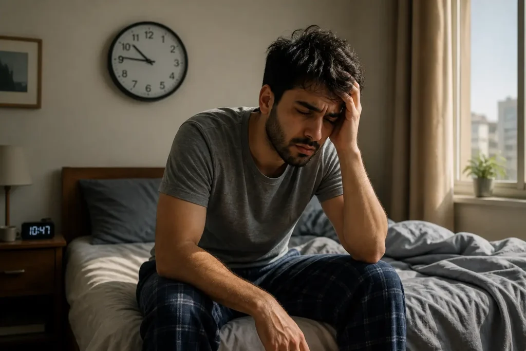 شخص يشعر بالتعب والخمول رغم النوم لساعات طويلة، يعبر عن مشكلة النوم المفرط وضعف الطاقة.

