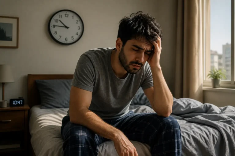 شخص يشعر بالتعب والخمول رغم النوم لساعات طويلة، يعبر عن مشكلة النوم المفرط وضعف الطاقة.