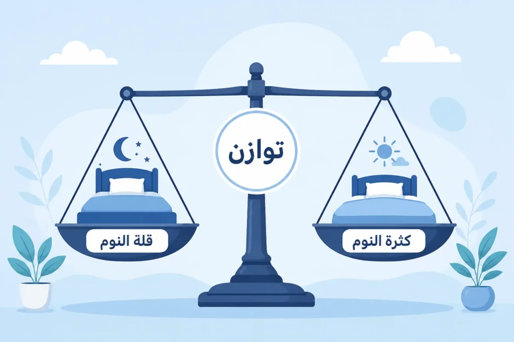 صورة توضيحية لميزان يرمز إلى خطورة قلة النوم وكثرته وأهمية التوازن في عدد ساعات النوم.

