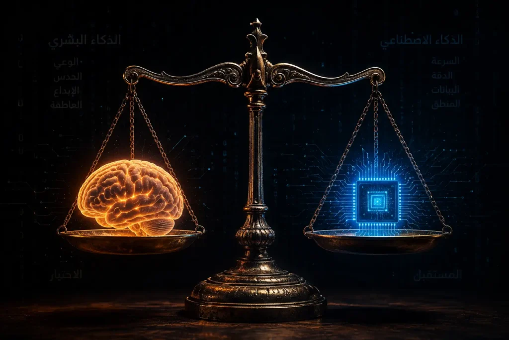 صورة لميزان يحمل دماغًا بشريًا ورقاقة إلكترونية، تجسد سؤال: هل الذكاء الاصطناعي وريث الحضارة أم خادم العقل البشري؟

