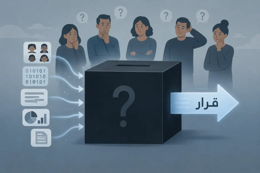 رسم لصندوق أسود يدخل إليه كم كبير من البيانات ويخرج منه قرار واحد، يعبر عن غموض خوارزميات الذكاء الاصطناعي ومشكلة الشفافية.

